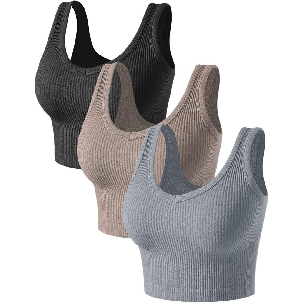 Women's Seamless Crop Tank Tops 3-Pack V Neck Workout Gym Yoga Running
